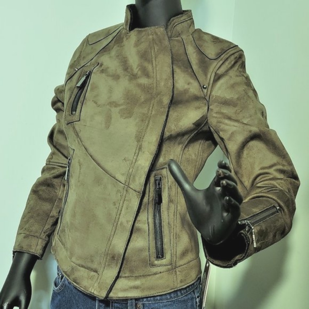 NWT Vince Camuto Woman's Olive Vegan Suede Moto Jacket - Picture 2 of 12